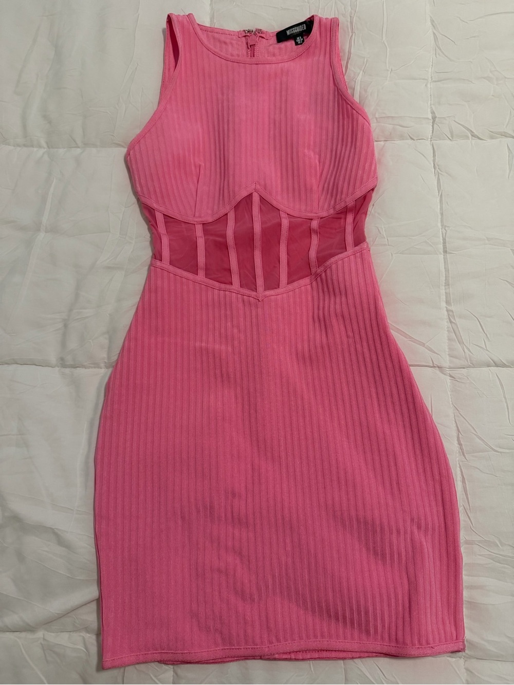 Missguided Hot Pink Ribbed Mesh Panel Bodycon Mini Dress